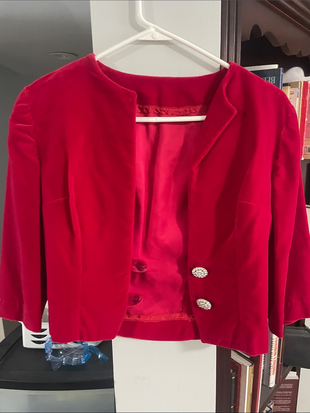 Love Red Velvet Open Blazer with Decorative Rhinestone Buttons - Picture 2 of 3